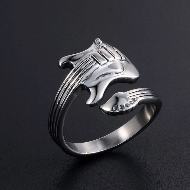 Wholesale And Retail Stainless Steel Silver Men's Hip Hop Punk Gift Party Vintage Guitar Ring Women's Jewelry
