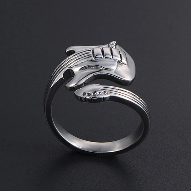 Wholesale And Retail Stainless Steel Silver Men's Hip Hop Punk Gift Party Vintage Guitar Ring Women's Jewelry