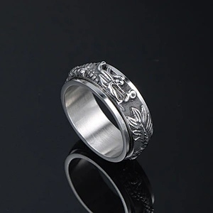 Wholesale And Retail Stainless Steel Antique Silver Men's Hip Hop Punk Gift Party Vintage Rotateable Dragon Ring Women's Jewelry