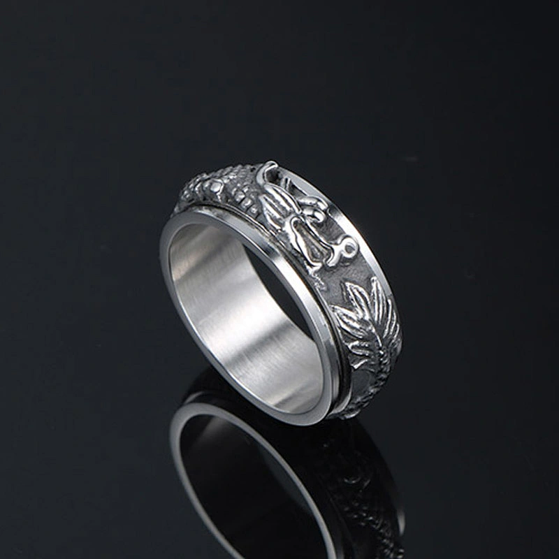 Wholesale And Retail Stainless Steel Antique Silver Men's Hip Hop Punk Gift Party Vintage Rotateable Dragon Ring Women's Jewelry