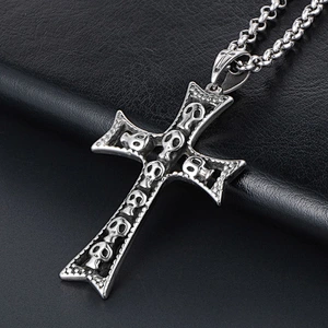 Wholesale And Retail Stainless Steel Antique Silver Womens Hip Hop Punk Gift Party Vintage Cross Skull Pendants&Charms Jewelry