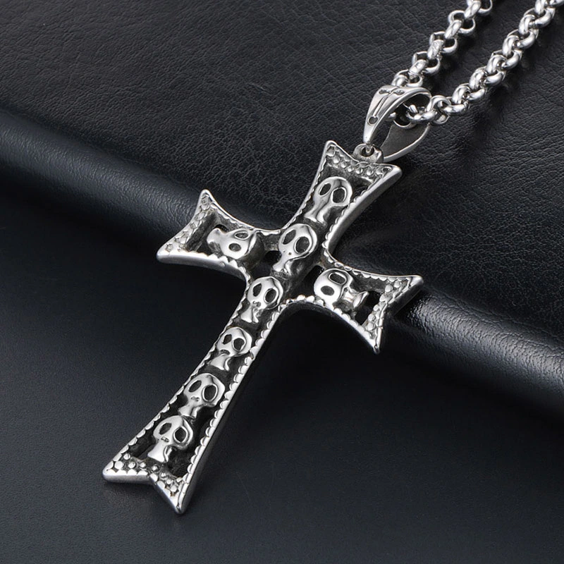 Wholesale And Retail Stainless Steel Antique Silver Womens Hip Hop Punk Gift Party Vintage Cross Skull Pendants&Charms Jewelry