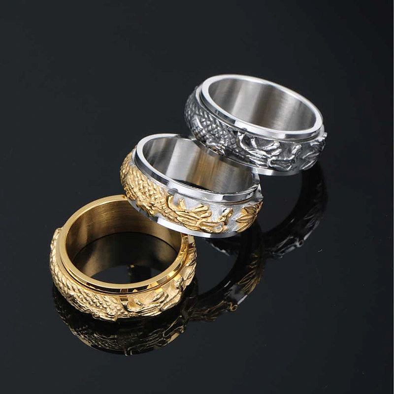 Wholesale And Retail Stainless Steel Antique Silver Men's Hip Hop Punk Gift Party Vintage Rotateable Dragon Ring Women's Jewelry