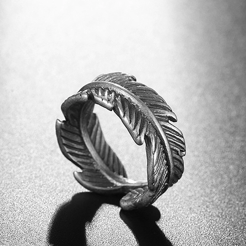 Wholesale And Retail Stainless Steel Antique Silver Men's Hip Hop Punk Gift Party Vintage Feather Ring Women's Jewelry