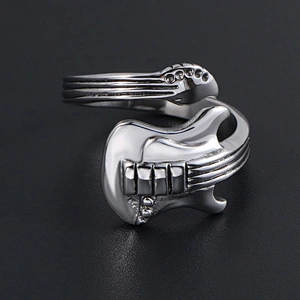 Wholesale And Retail Stainless Steel Silver Men's Hip Hop Punk Gift Party Vintage Guitar Ring Women's Jewelry