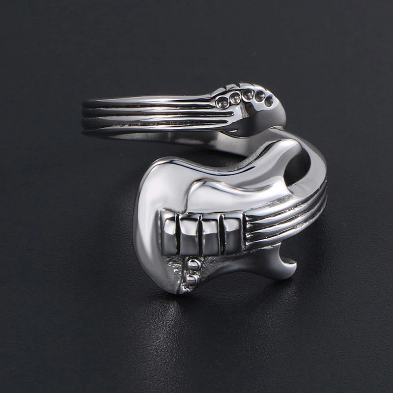 Wholesale And Retail Stainless Steel Silver Men's Hip Hop Punk Gift Party Vintage Guitar Ring Women's Jewelry