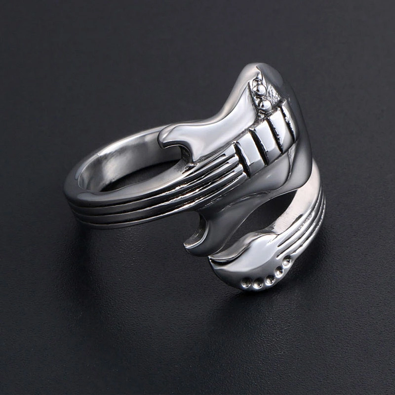 Wholesale And Retail Stainless Steel Silver Men's Hip Hop Punk Gift Party Vintage Guitar Ring Women's Jewelry