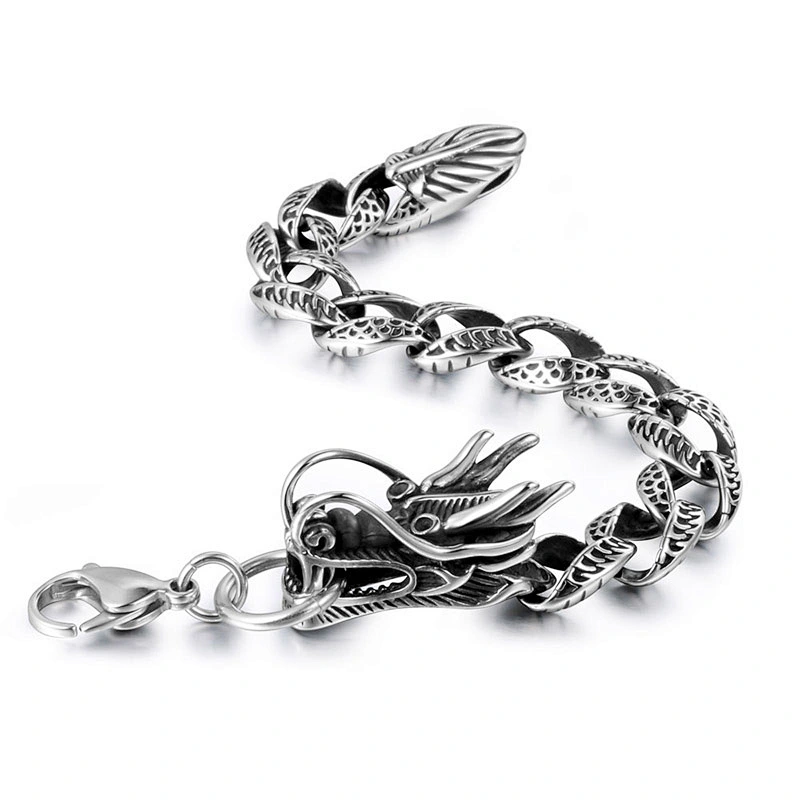 Wholesale And Retail Stainless Steel Antique Silver Men's Hip Hop Punk Gift Party Rough Dragon Chain Bangle Bracelet Jewelry