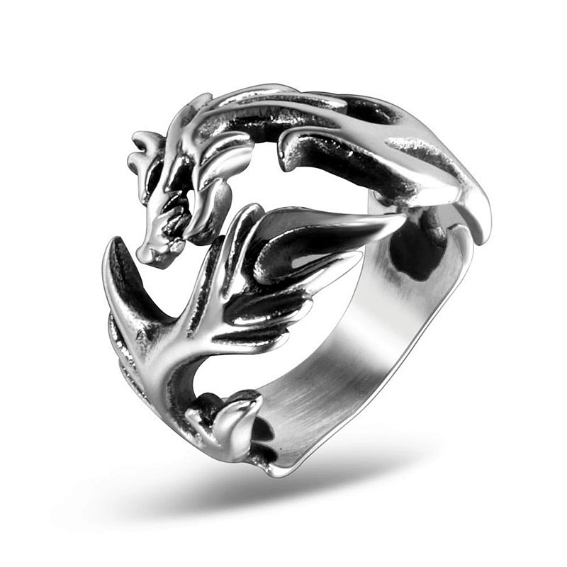 Wholesale And Retail Stainless Steel Antique Silver Men's Hip Hop Punk Gift Party Charm Dragon Rings Jewelry