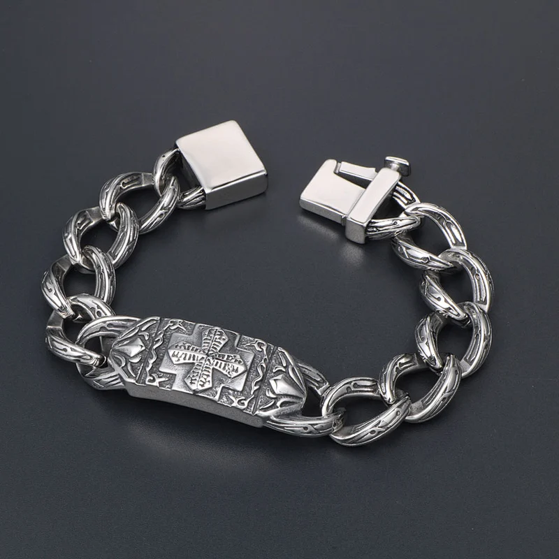 Wholesale And Retail Stainless Steel Antique Silver Men's Hip Hop Punk Gift Party  Cross Flower Chain Bangle Bracelet Jewelry
