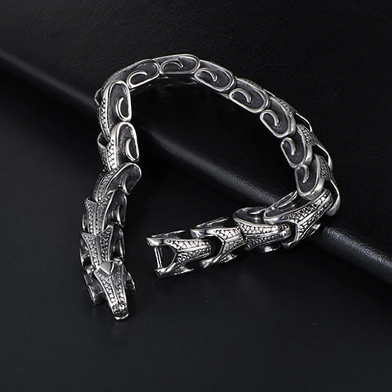 Wholesale And Retail Stainless Steel Antique Silver Men's Hip Hop Punk Gift Scaly Stria Dragon Chain Bangle Bracelet Jewelry