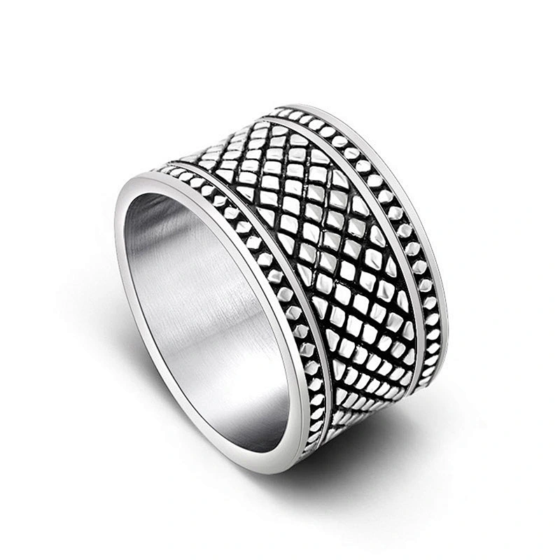 Wholesale And Retail Stainless Steel Antique Silver Men's Hip Hop Punk Gift Party Vintage Checked Ring Women's Jewelry