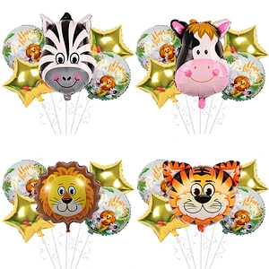5Pcs Cartoon Animal Head Foil Balloon Set Tiger Lion Monkey Foil Balloons For Kids Birthday Party Decoration