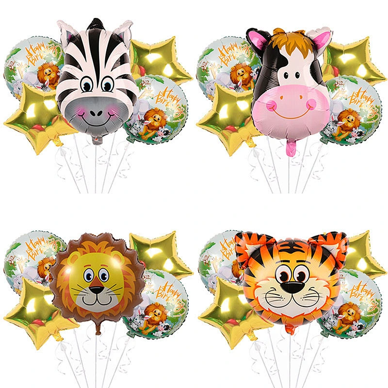 5Pcs Cartoon Animal Head Foil Balloon Set Tiger Lion Monkey Foil Balloons For Kids Birthday Party Decoration