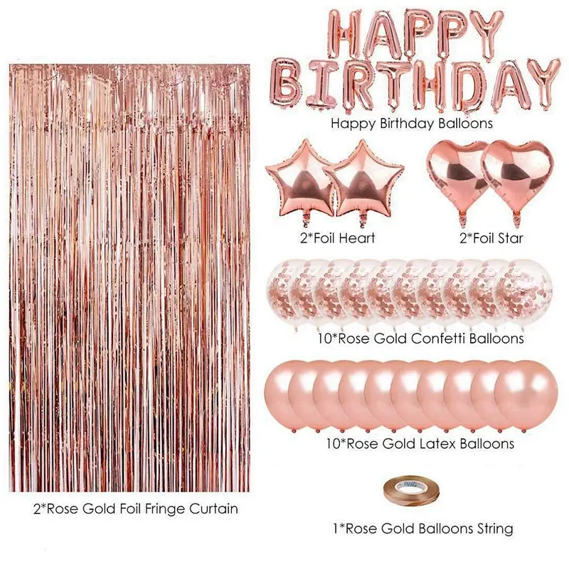 Wholsale Fast Shipping Rose Gold Foil Curtain Confetti Balloon Stars Hearts Birthday Party Decoration Sets