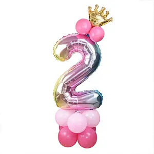 Hot Selling 30 Inch Rainbow Foil Number Balloon with Crown Wedding Anniversary Party Latex Balloon Decor Kids Birthday Air Ball
