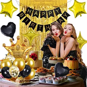 Happy Birthday Banner Balloon Set Gold Crown Metallic Latex Balloons Gold Rain Silk Curtain For Wedding Birthday Party Baby Shower Decorations