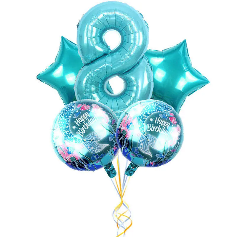 5Pcs Mermaid Birthday Balloon With 30 Inch Number Balloon Set For Birthday Party Hanging Decorations Mermaid Theme Foil Balloons