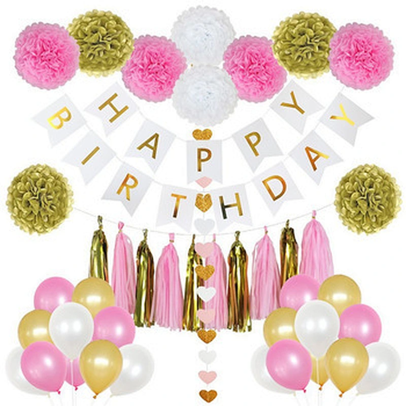 Rose gold letter number foil balloon with paper flower ball Happy Birthday Party Decoration Set