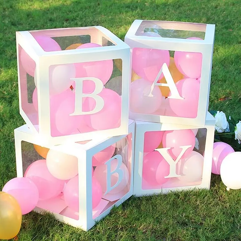 4PCS White Baby Shower Box Transparent Balloon set Gift gifts letter Boy Box For Baby Shower Decorations Birthday Party Supplies
