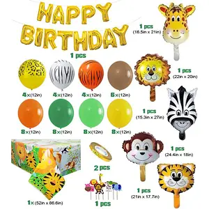 Jungle animal theme birthday party balloon chain lion giraffe tiger foil balloon tablecloth cake toppers row party decoration
