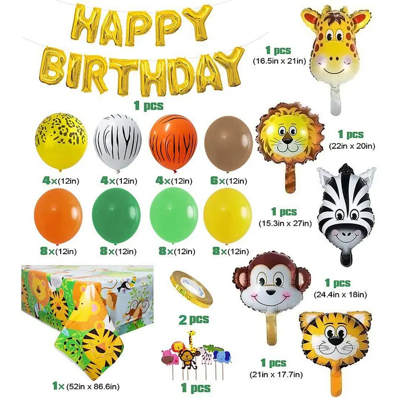 Jungle animal theme birthday party balloon chain lion giraffe tiger foil balloon tablecloth cake toppers row party decoration