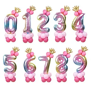 Hot Selling 30 Inch Rainbow Foil Number Balloon with Crown Wedding Anniversary Party Latex Balloon Decor Kids Birthday Air Ball