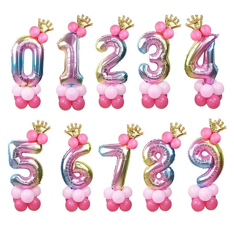 Hot Selling 30 Inch Rainbow Foil Number Balloon with Crown Wedding Anniversary Party Latex Balloon Decor Kids Birthday Air Ball
