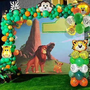 Jungle animal theme birthday party balloon chain lion giraffe tiger foil balloon tablecloth cake toppers row party decoration
