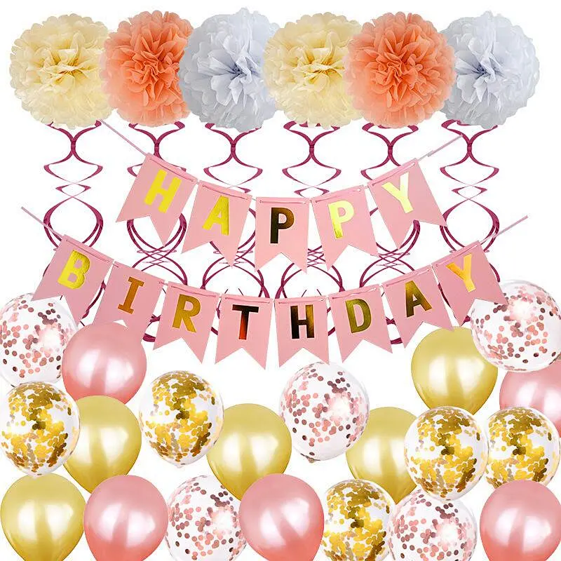 Amazon Hot Sale Pink Birthday Party Pull Flag Balloon Set For Kids Women
