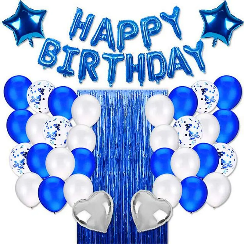 Modern Style Blue Rain Curtain Birthday Letter Banner Party Venue Decoration Birthday Balloon Set