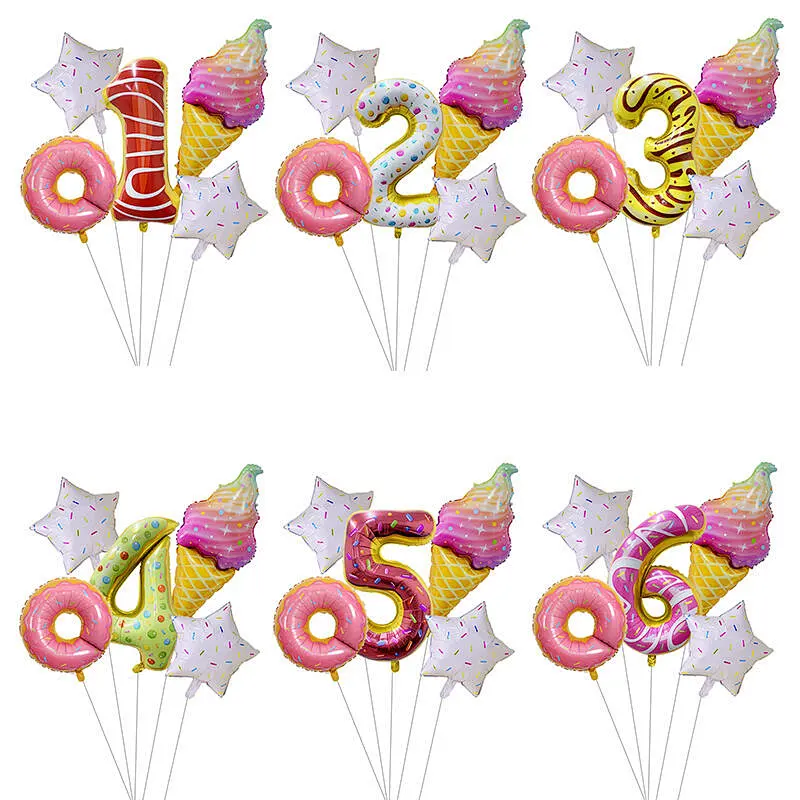 Ice Cream Doughnut Aluminum Foil Balloon 30 Inch Colorful Candy Digital Balloon Set For Birthday Kids Toy Party Decoration