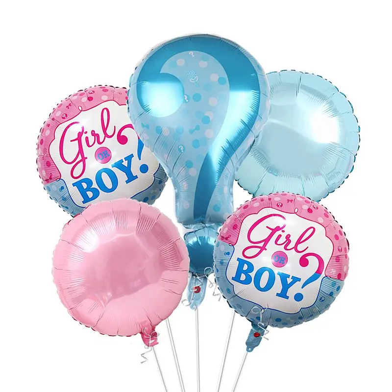 5pcs gender reveal foil helium balloons, boy or girl he or she gender reveal party supplies for baby shower balloon set