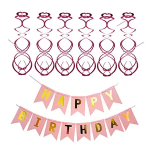Amazon Hot Sale Pink Birthday Party Pull Flag Balloon Set For Kids Women