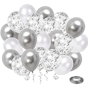50 Pack 12 Inch Silver Metallic Chrome Party Balloon White Silver Confetti Latex Balloons For Wedding Birthday Party Decor