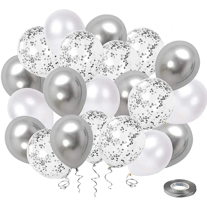 50 Pack 12 Inch Silver Metallic Chrome Party Balloon White Silver Confetti Latex Balloons For Wedding Birthday Party Decor