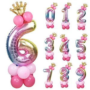 Hot Selling 30 Inch Rainbow Foil Number Balloon with Crown Wedding Anniversary Party Latex Balloon Decor Kids Birthday Air Ball