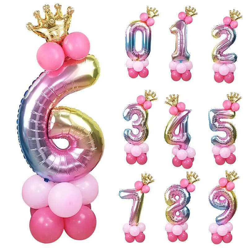 Hot Selling 30 Inch Rainbow Foil Number Balloon with Crown Wedding Anniversary Party Latex Balloon Decor Kids Birthday Air Ball