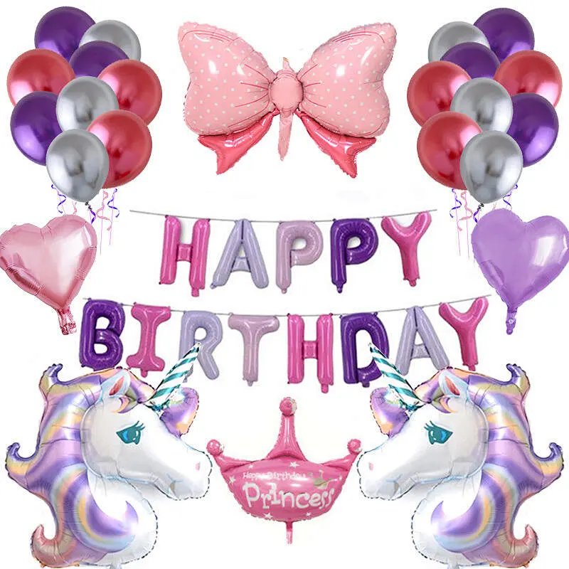 Unicorn Theme Happy Birthday Balloon Set Unicorn Headband Crown Bowknot Foil Balloon For Birthday Party Decoration Aluminum Foil Balloon Set