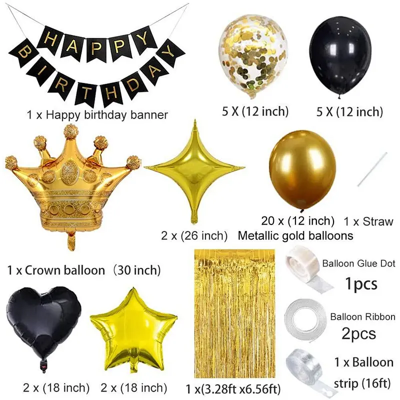 Happy Birthday Banner Balloon Set Gold Crown Metallic Latex Balloons Gold Rain Silk Curtain For Wedding Birthday Party Baby Shower Decorations