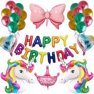 Unicorn Theme Happy Birthday Balloon Set Unicorn Headband Crown Bowknot Foil Balloon For Birthday Party Decoration Aluminum Foil Balloon Set