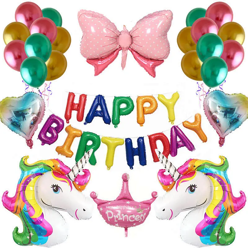 Unicorn Theme Happy Birthday Balloon Set Unicorn Headband Crown Bowknot Foil Balloon For Birthday Party Decoration Aluminum Foil Balloon Set
