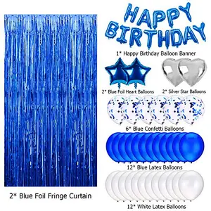 Modern Style Blue Rain Curtain Birthday Letter Banner Party Venue Decoration Birthday Balloon Set
