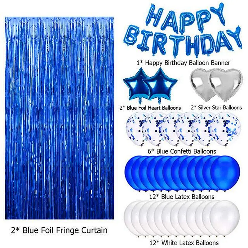 Modern Style Blue Rain Curtain Birthday Letter Banner Party Venue Decoration Birthday Balloon Set