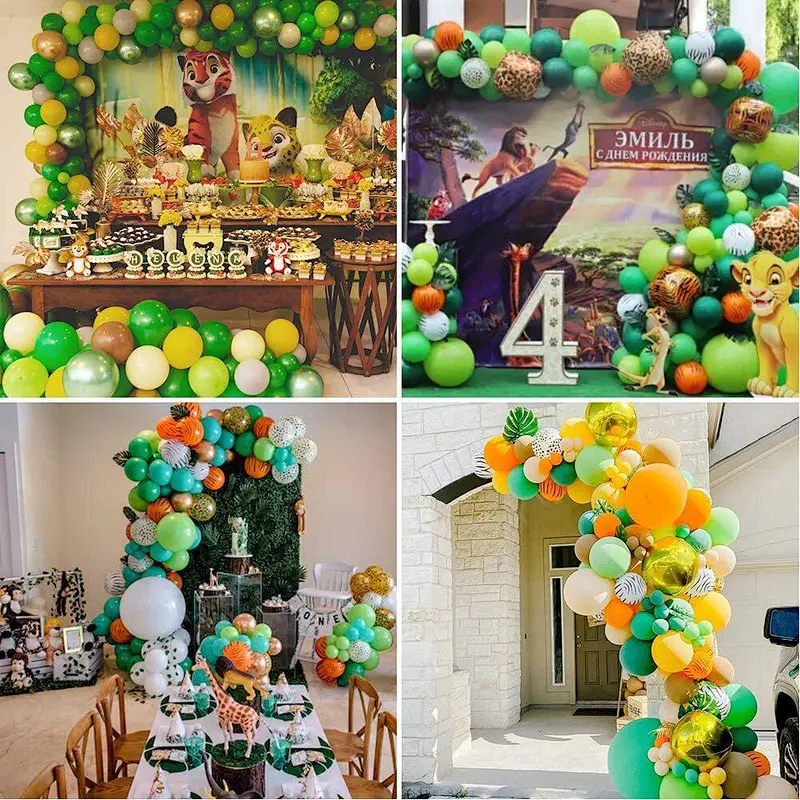 Jungle animal theme birthday party balloon chain lion giraffe tiger foil balloon tablecloth cake toppers row party decoration
