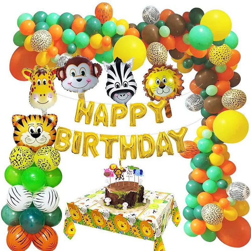 Jungle animal theme birthday party balloon chain lion giraffe tiger foil balloon tablecloth cake toppers row party decoration