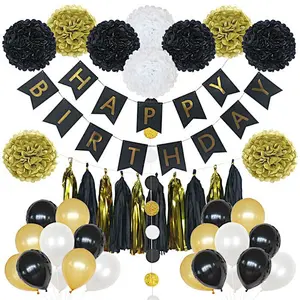 Rose gold letter number foil balloon with paper flower ball Happy Birthday Party Decoration Set