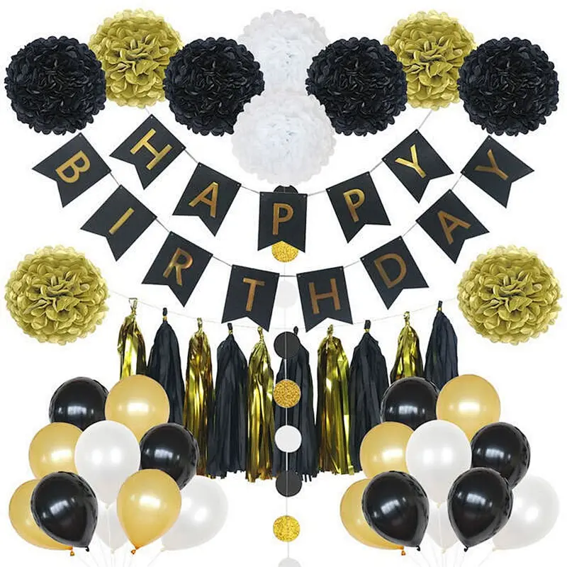 Rose gold letter number foil balloon with paper flower ball Happy Birthday Party Decoration Set