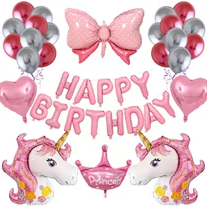 Unicorn Theme Happy Birthday Balloon Set Unicorn Headband Crown Bowknot Foil Balloon For Birthday Party Decoration Aluminum Foil Balloon Set