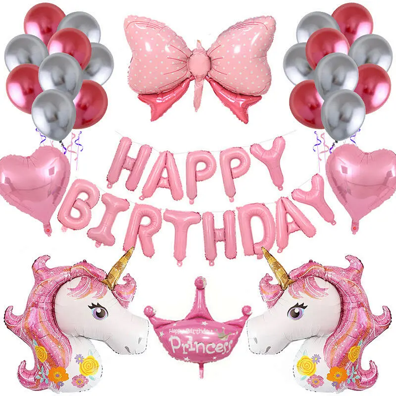 Unicorn Theme Happy Birthday Balloon Set Unicorn Headband Crown Bowknot Foil Balloon For Birthday Party Decoration Aluminum Foil Balloon Set